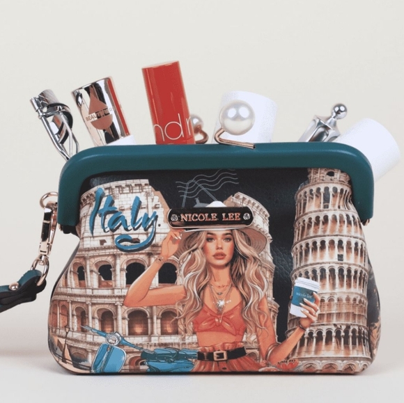 Nicole Lee Pearl Kiss-Lock Italy Wristlet Strap Coin Purse Compact Wallet Bag